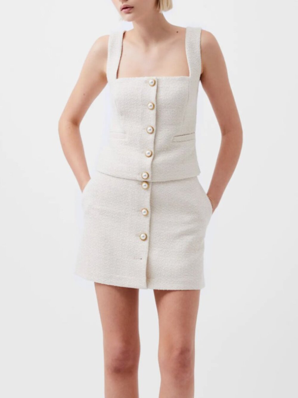 FRENCH CONNECTION 2 Piece Tweed Pearl Buttons Top & Skirt Set Women's Sz 6 NWT